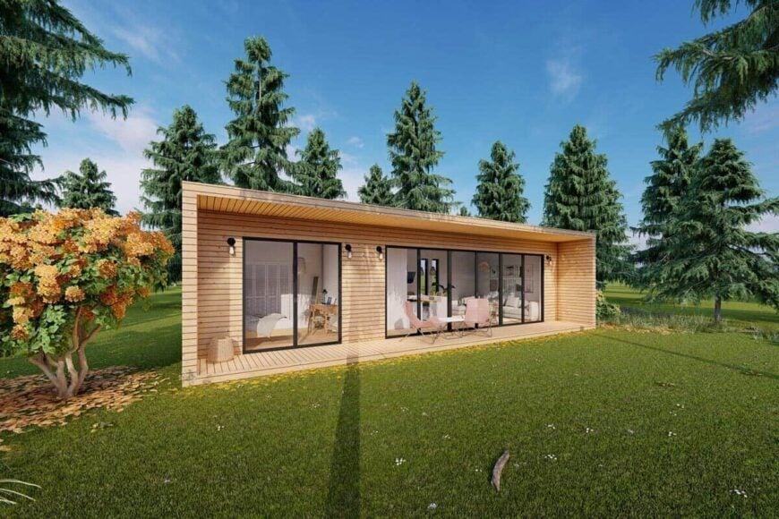 Angled front rendering with wood siding, glazed doors, and an expansive porch that runs the width of the home.