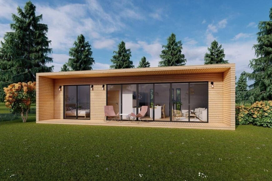 The covered porch is furnished with metal loungers perfect for hanging out.