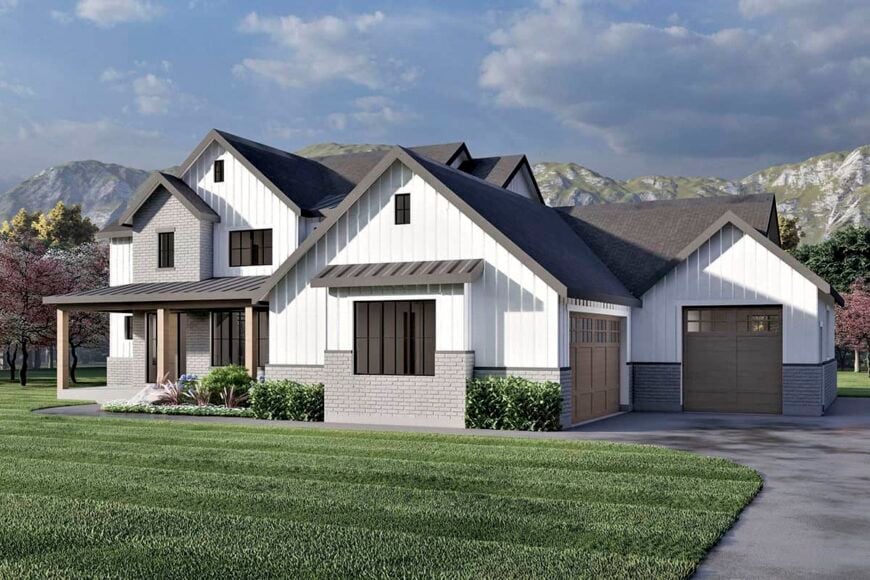Front-right rendering showcasing the garages enclosed in glazed wooden doors.