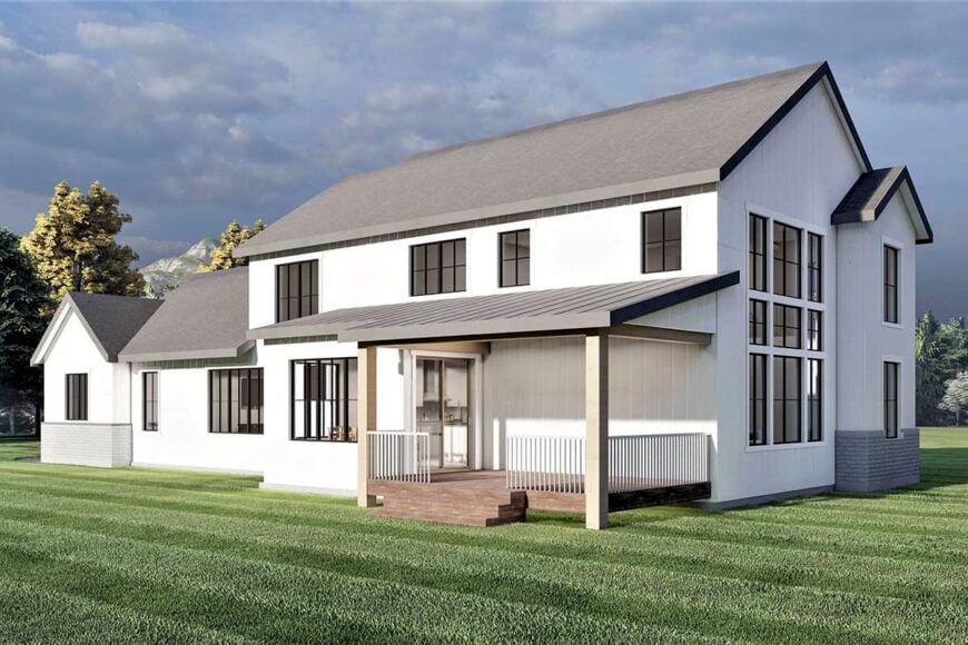 Rear rendering with a spacious covered porch topped with a metal shed roof.