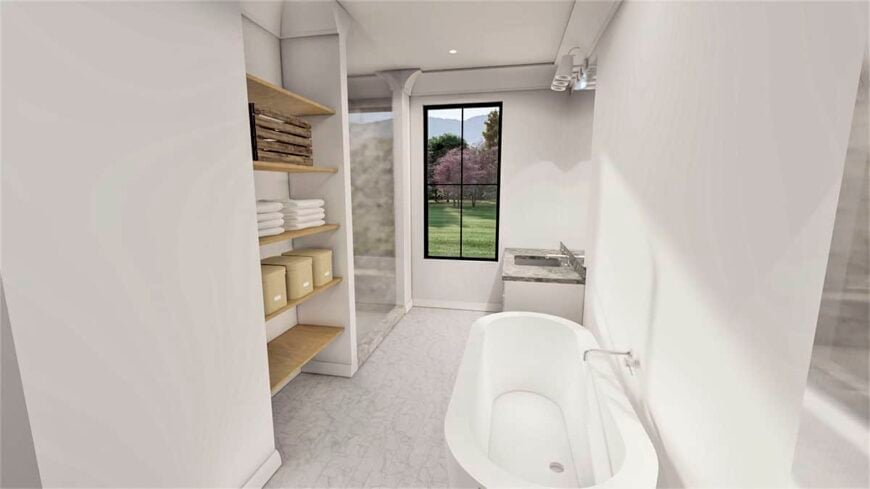 The primary bathroom offers a walk-in shower, a freestanding tub, built-in shelves, and a view of the backyard.