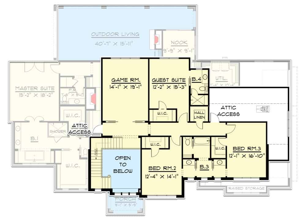 Second level floor plan with three bedrooms, two bathrooms, and a game room.