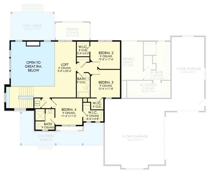 Second level floor plan with three bedrooms, two bathrooms, and a balcony loft.