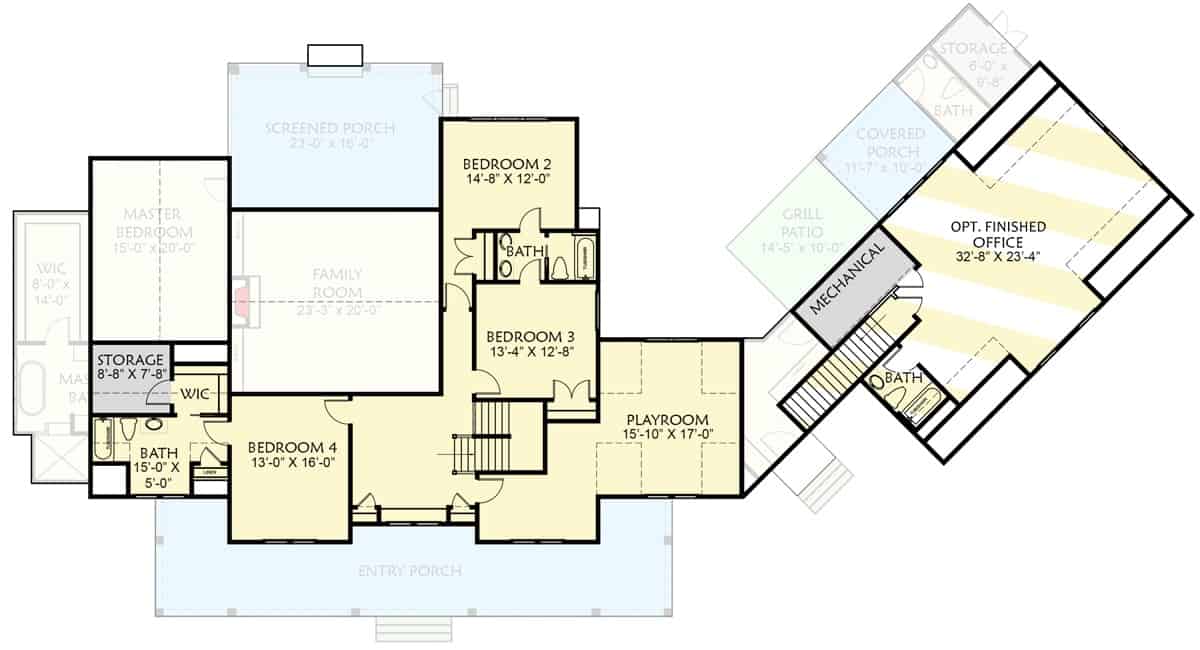  Second level floor plan with three bedrooms, a playroom, and a separate bonus room over the garage.