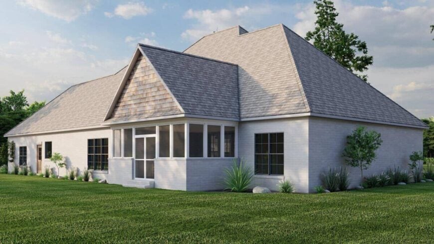 Rear-left rendering with a screened porch topped with a gable roof.