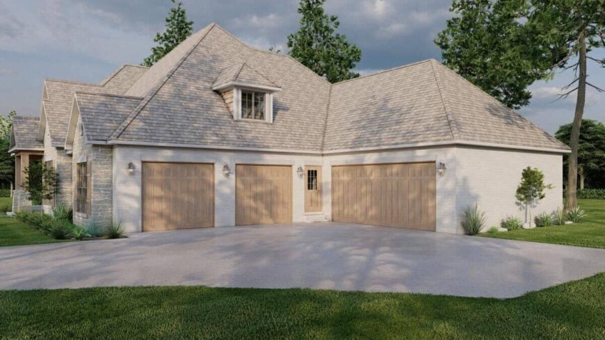 Left rendering showcasing a 4-car garage and a door leading to the upstairs bonus room.