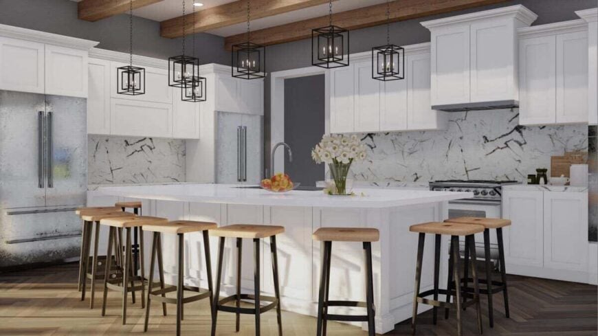 The kitchen offers plenty of storage, multiple refrigerators, and a large breakfast island surrounded by wooden bar stools.