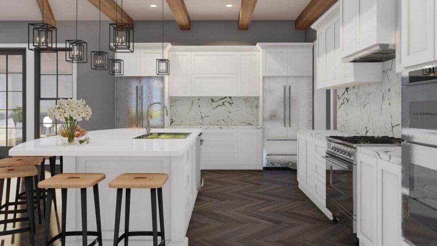 A regular ceiling lined with exposed beams crowns the kitchen.