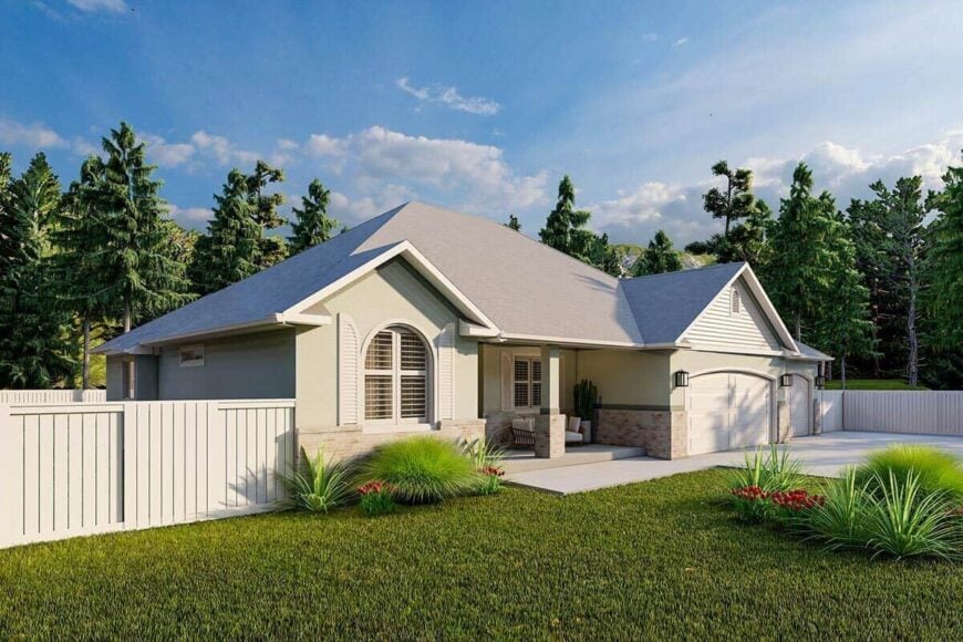 Front-left rendering with shuttered windows and a covered porch lined with a stone base pillar.