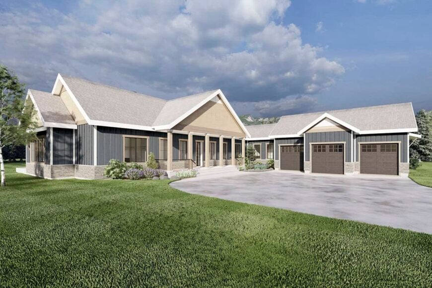Front-left rendering with a covered entry porch and a courtyard entry garage with dark wood doors and a concrete driveway.