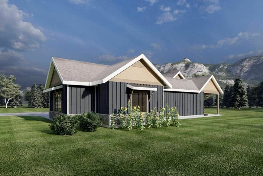 Right rendering with board and batten siding, gable rooflines, and stone skirting.