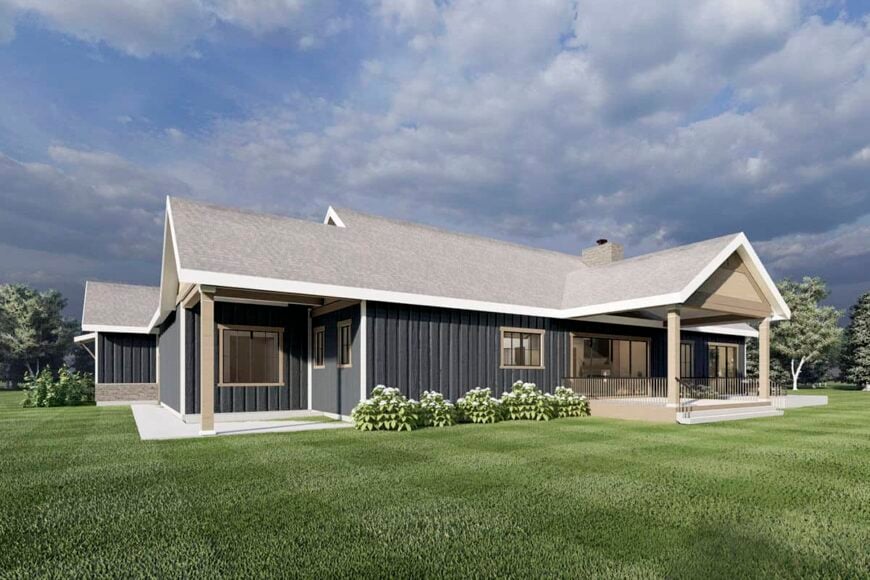 Rear-right rendering showcasing a covered patio lined with a timber post.