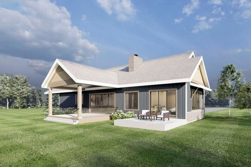 Rear-left rendering with a concrete patio and a covered porch topped with a gable roof.