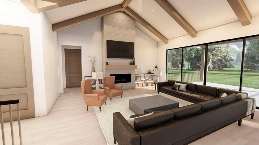The living room features an L-shaped sectional, a fireplace, and sliding glass doors that open onto the back porch.