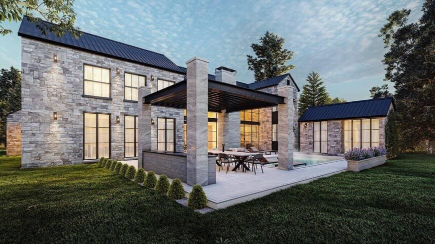 Rear rendering showcasing a pool terrace and a covered porch filled with a bar and outdoor dining.