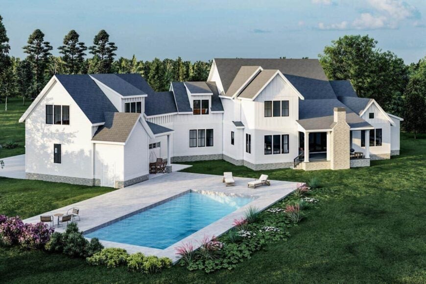 Rear rendering with screened and covered porches, a grilling patio, and a pool terrace.