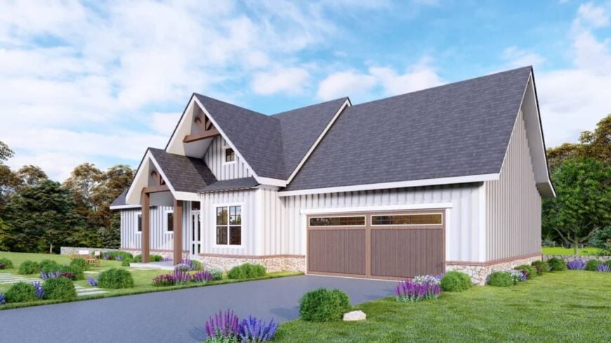 Front-right rendering with a double garage enclosed in large wooden doors.