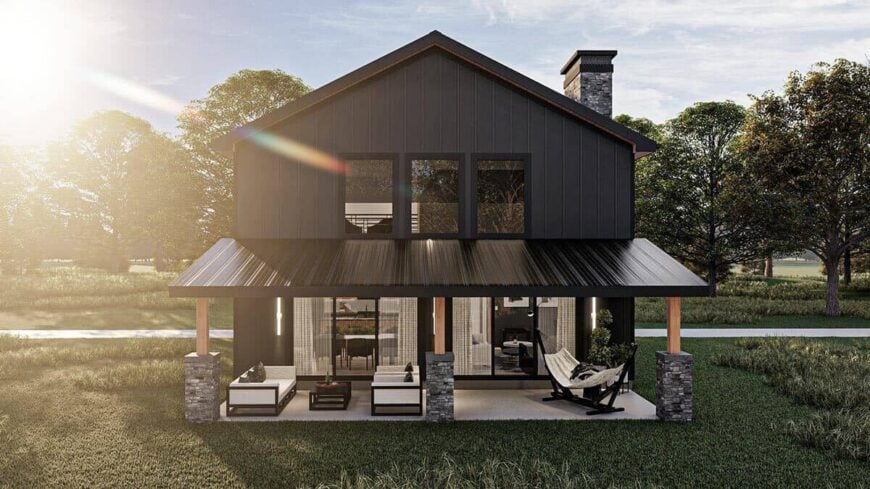 Front rendering with metal roofs and a covered patio lined with stone-base columns.