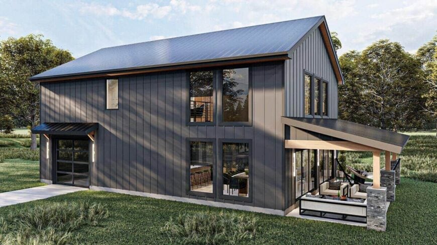 Front-left rendering with a double garage and large windows that flood the interior with ample natural light.