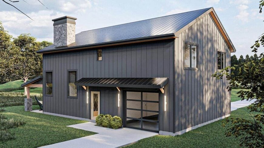 Rear-right rendering showcasing the drive-thru garage and side entry topped with a metal awning.