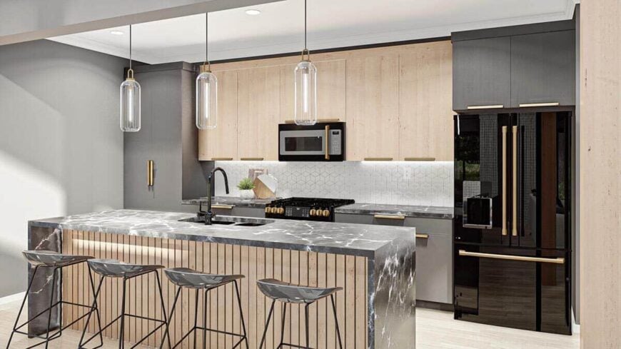 The kitchen is equipped with black appliances, marble countertops, and a waterfall island paired with contemporary bar stools.