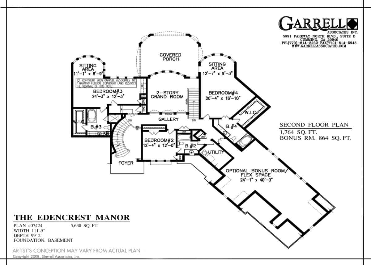 Second level floor plan with three bedroom suites, utility room, and a bonus room.