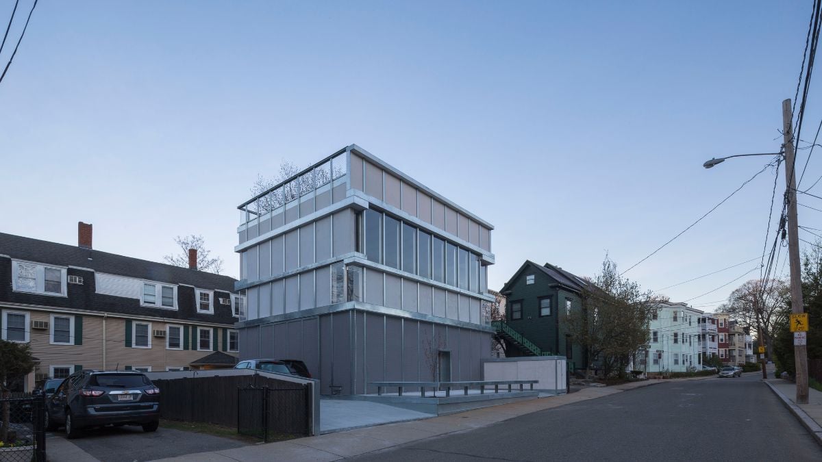 A panoramic view, showcasing the overall design and architecture of the building