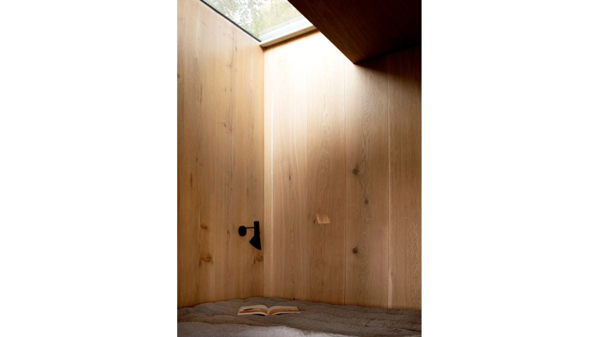 A sizable skylight that separates the two alcoves creates a clear separation between nature and architecture by welcoming both natural light and vegetation within.