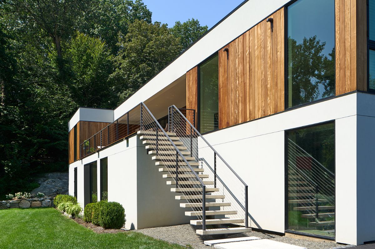 The rear steel staircase.