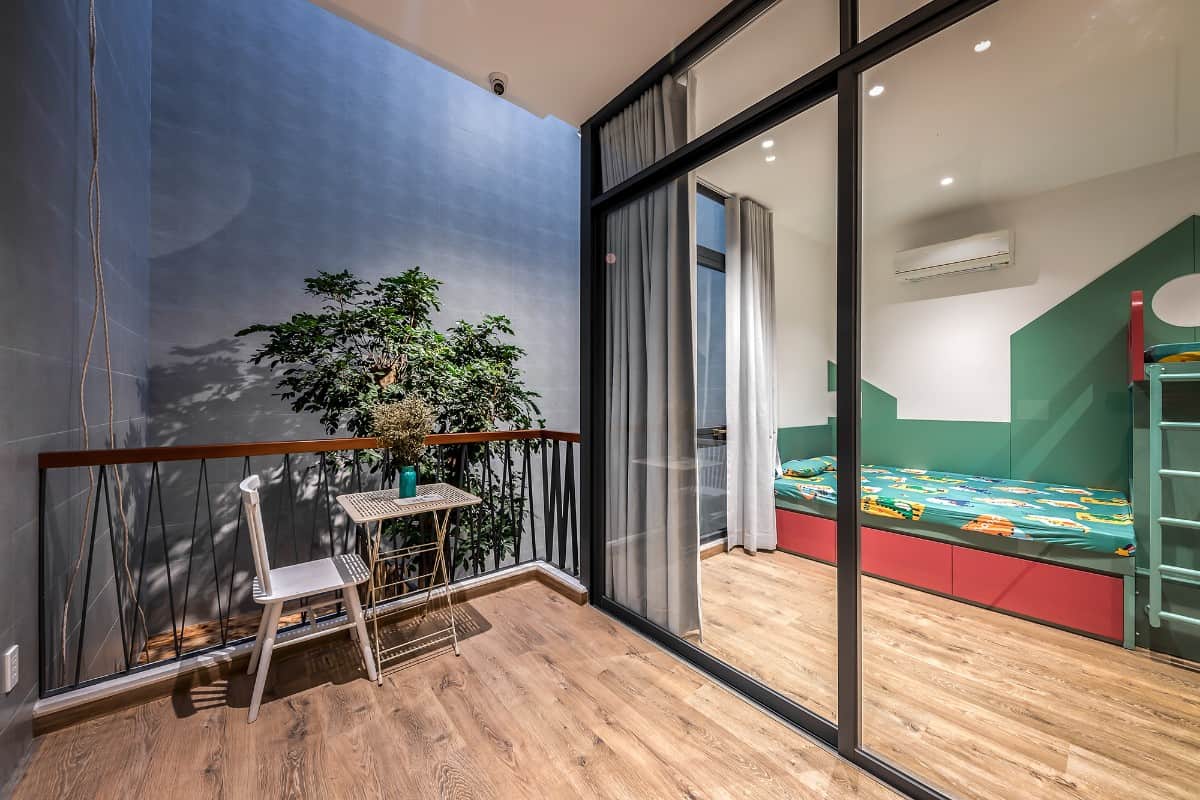 The balcony provides a perfect spot for lounging.