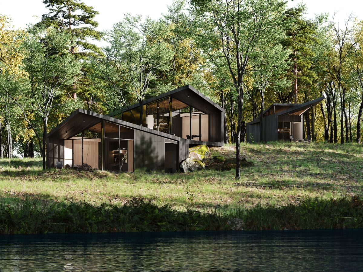 The Sylvan Rock has guest pods detached from the house and overlooks the nearby pond.