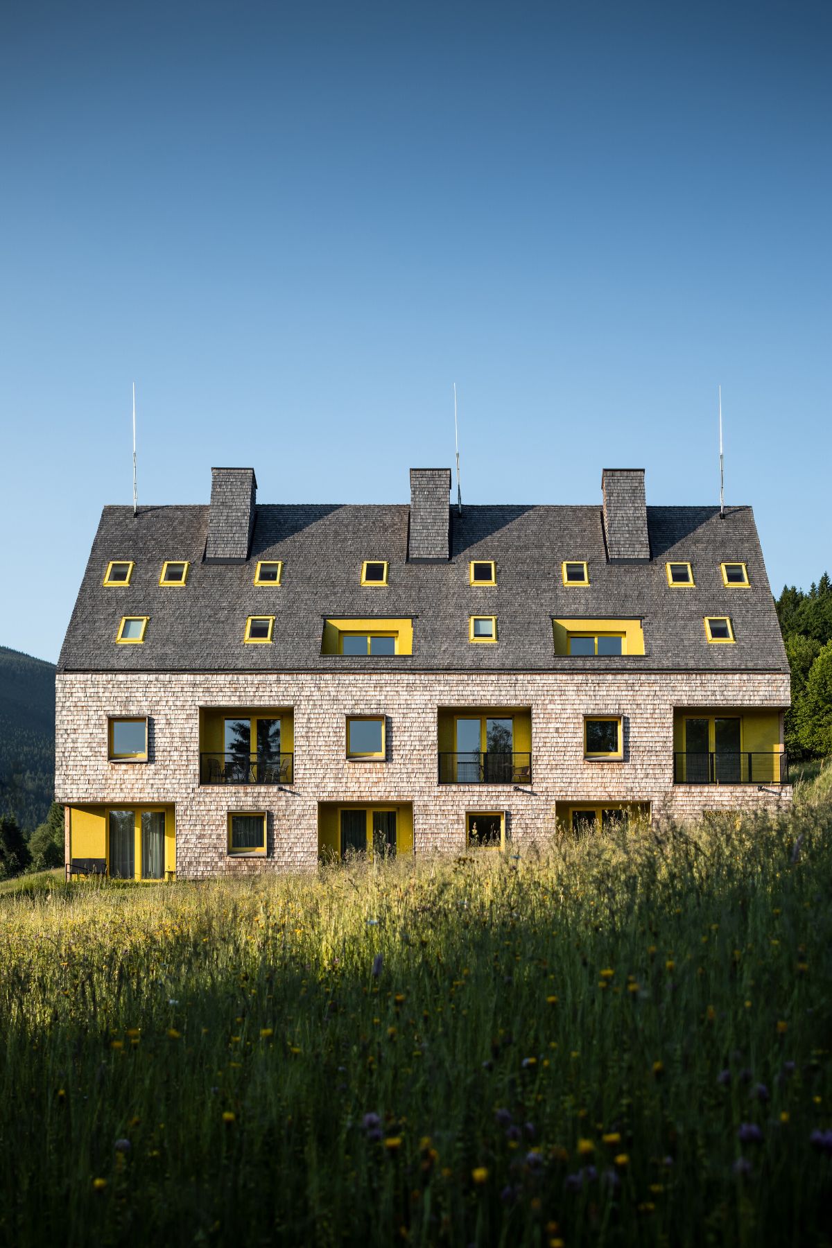 The houses have the classic gable roof and wooden cladding of larch shingles from the local forest.