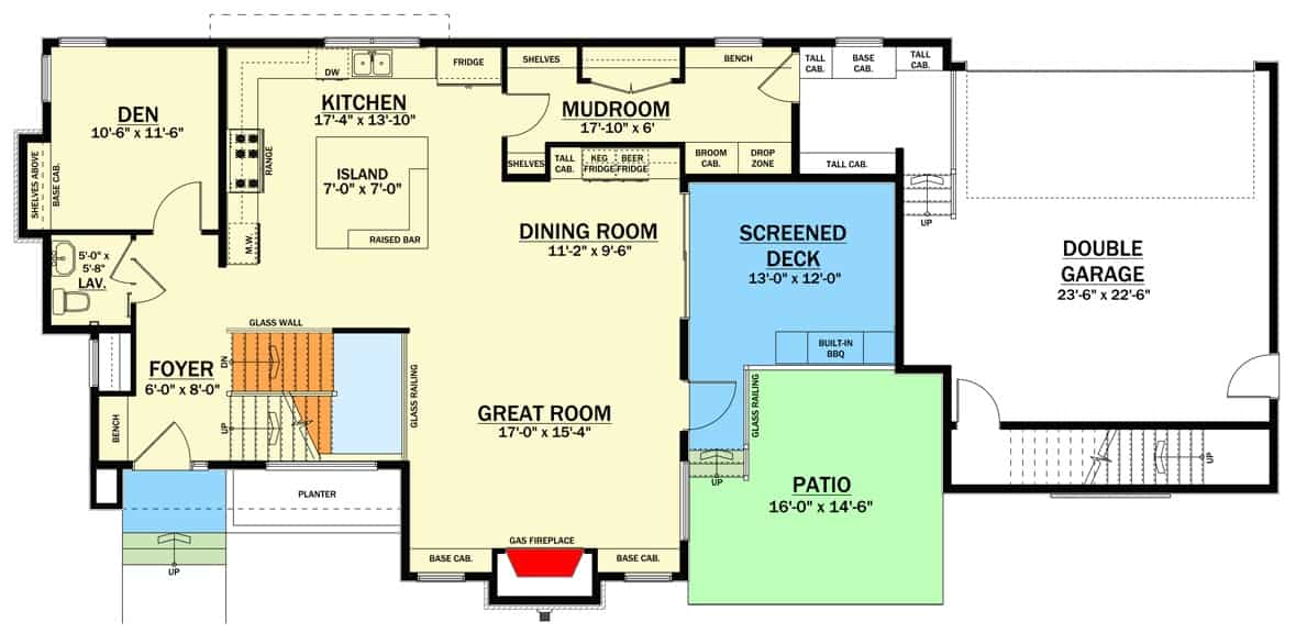 Main level floor plan of a two-story modern 4-bedroom Northwest home with great room, dining area, kitchen, den, mudroom, screened deck, and double garage.