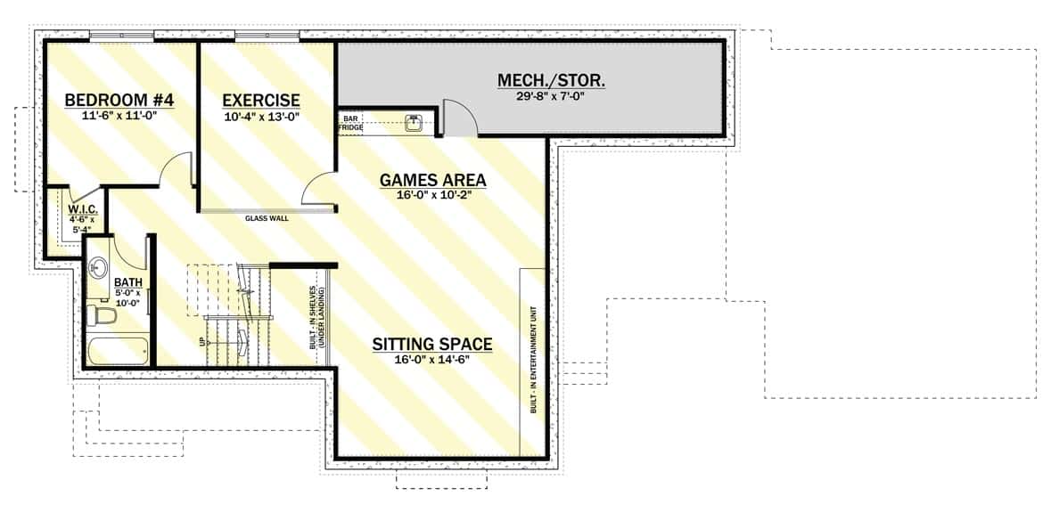 Lower level floor plan with a bedroom, an exercise room, a game area, and sitting space.