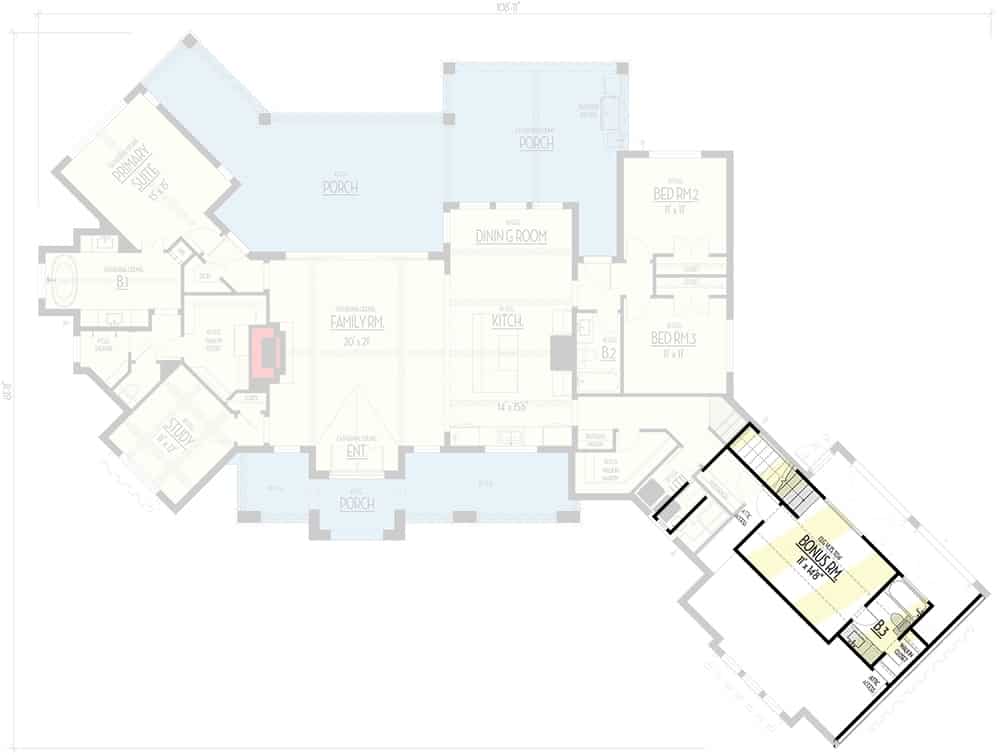 Bonus room floor plan with two bonus rooms and attic storage.