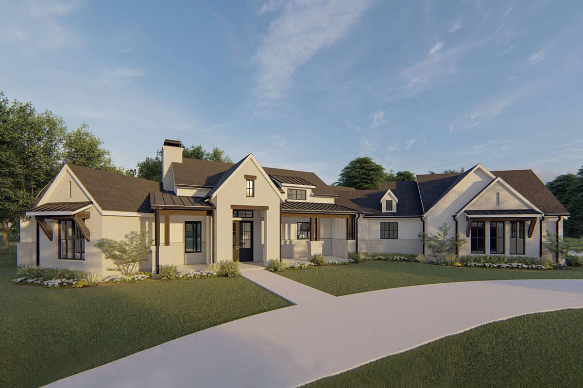 Front rendering with charming dormers, an angled garage, and a covered entry porch topped with a metal awning.