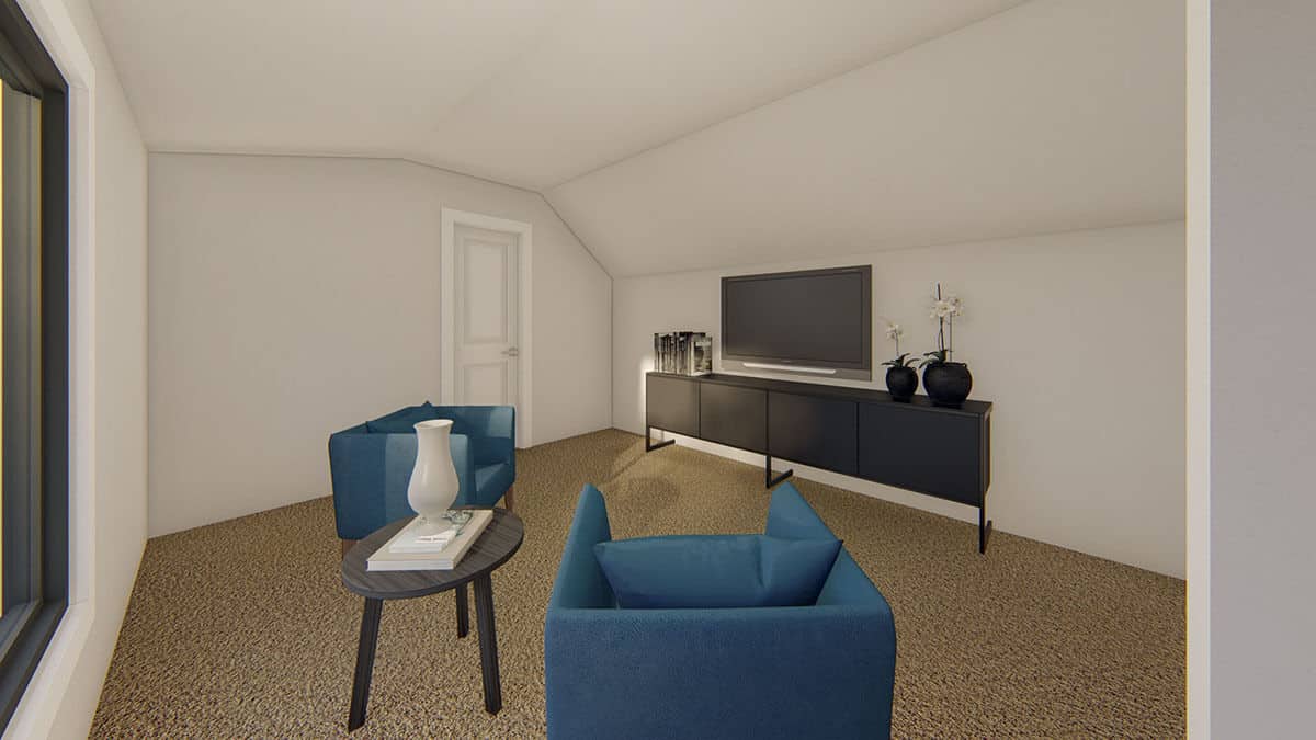 The bonus room has a wall-mounted TV and blue armchairs over the carpeted floor.