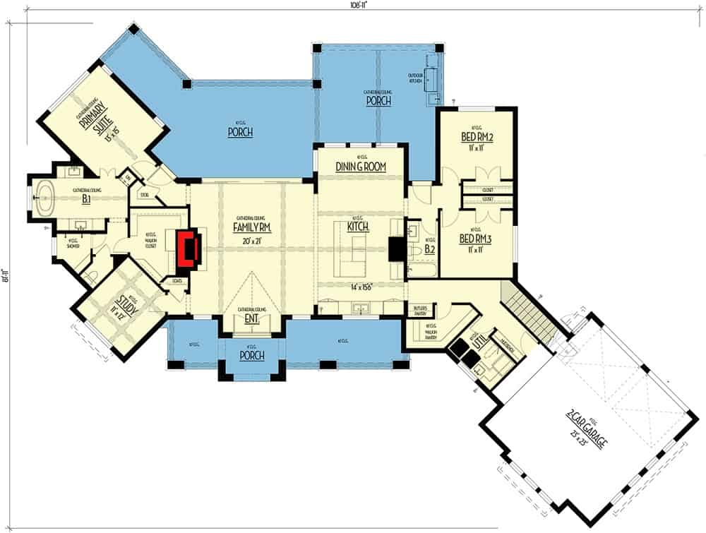 Main level floor plan of a single-story 3-bedroom hill country home with family room, kitchen, dining room, study, utility, an angled garage, and expansive porches.