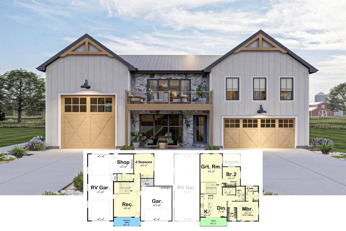 Explore This Modern 1,870 Sq. Ft. Rustic Barn-Style 2-Bedroom Home with Stone Accents and Dual Balconies (Must-See Floor Plan)