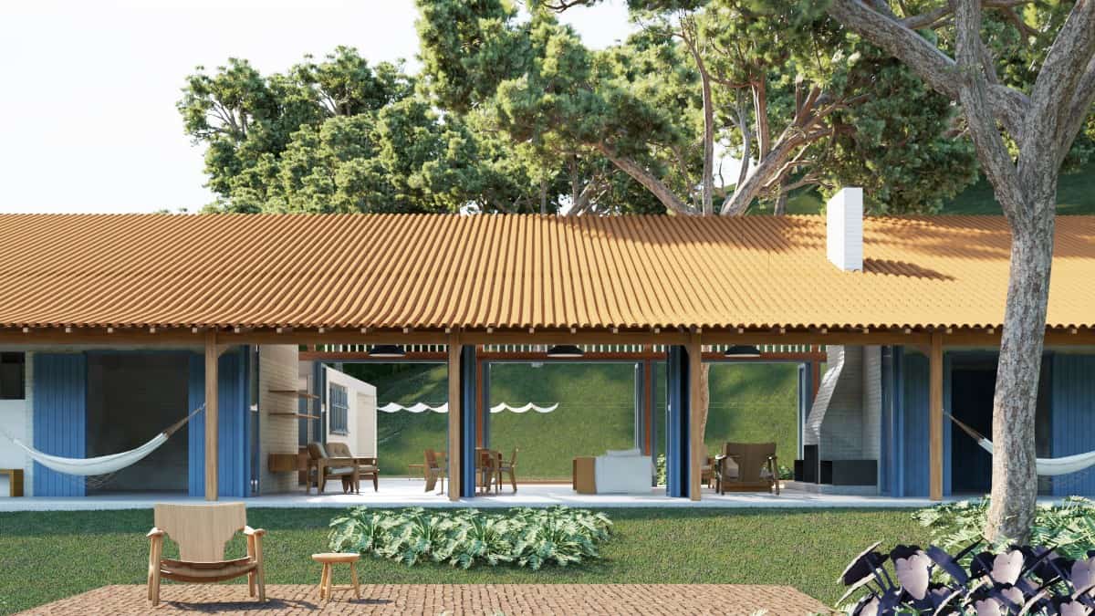 Exterior view of the house showcasing its large angled roof and oversized folding doors in a light blue hue.