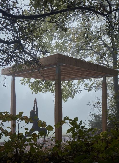 This photo features a woman performing a yoga exercise, captured from a rear perspective, while showcasing the lush greenery and misty fog that surrounds her in the background.