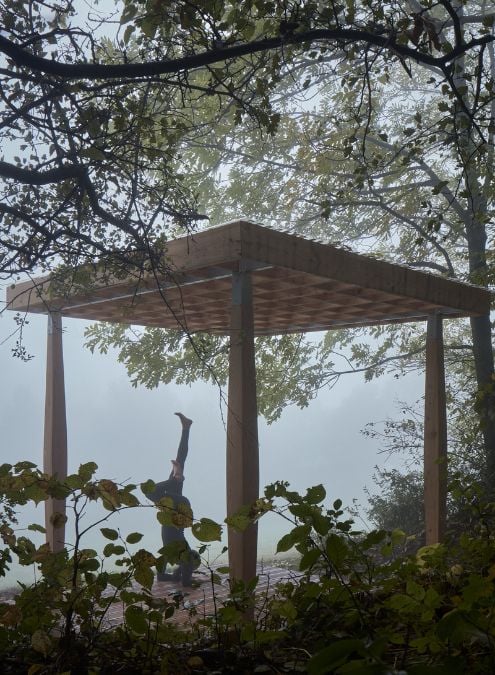 Through this image, viewers can see the back view of a woman practicing yoga, set against the natural beauty of lush greenery and a misty fog.