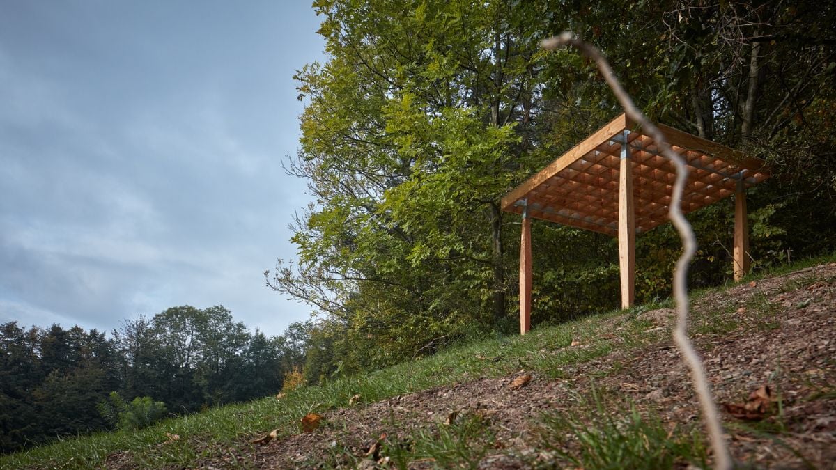 This photo features the Yogapoint as the focal point, captured from a vantage point downhill.