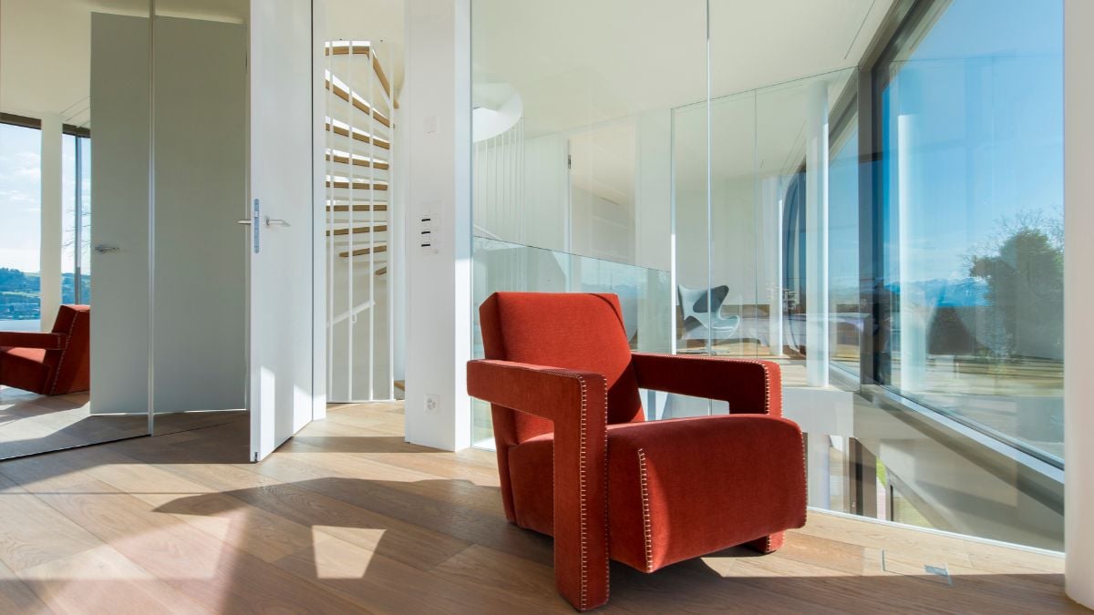 The wall in the bedrooms serves as a screen between the restrooms and the sleeping areas.