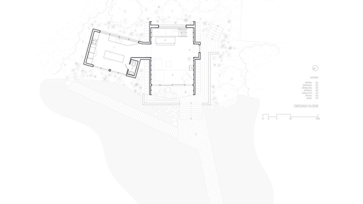 A blueprint or diagram illustrating the layout of the ground floor of the Chalet_A house.