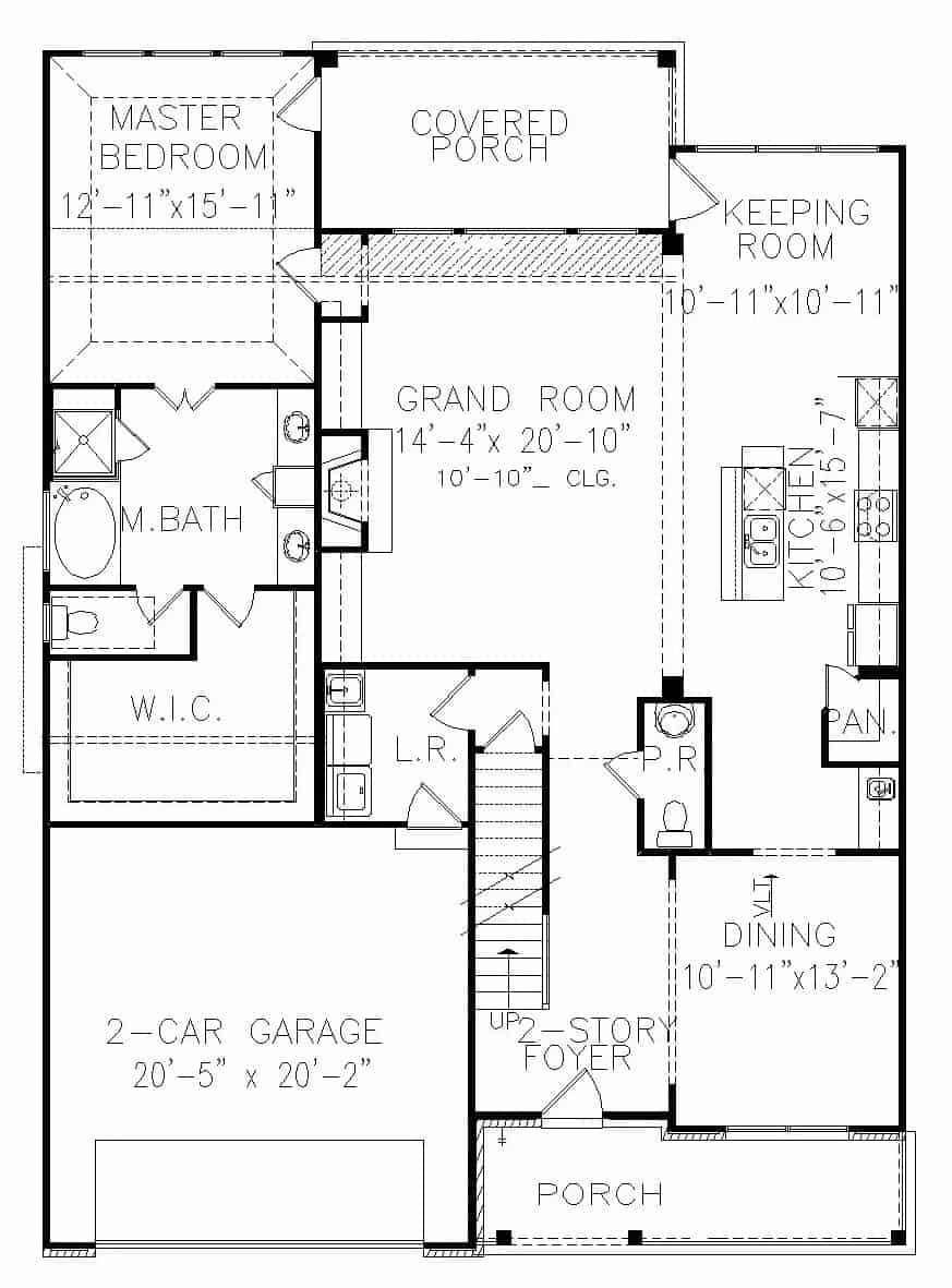 Main level floor plan of a 4-bedroom traditional two-story Englemoore C home with foyer, grand room, dining room, kitchen, keeping room, primary suite, and laundry room that opens to the garage.