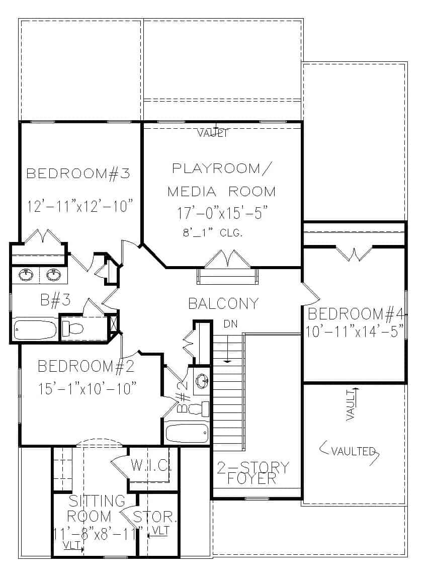 Second level floor plan with three bedrooms, two bathrooms, and a playroom/media room.