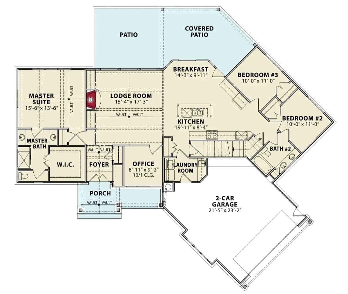 Main level floor plan of a single-story 3-bedroom Mill Creek Cottage A with a foyer, lodge room, kitchen, breakfast area, office, laundry leading to the garage, and lots of outdoor space.