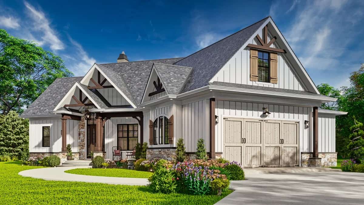 Front-right rendering showcasing the angled garage complemented with a concrete driveway.