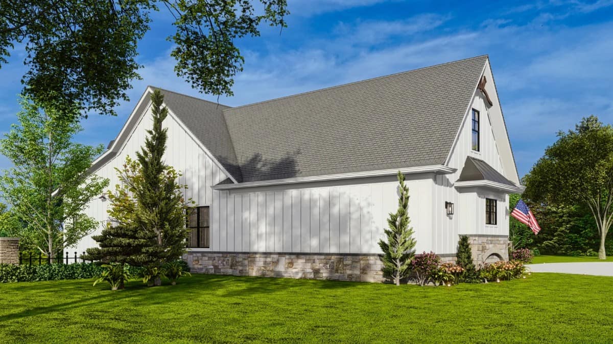 Rear-left rendering with vertical siding, stone skirting, and a metal roof accent.